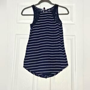 SO Women's Navy Blue and White Striped‎ Lace Trim Tank Top with Slit Size S